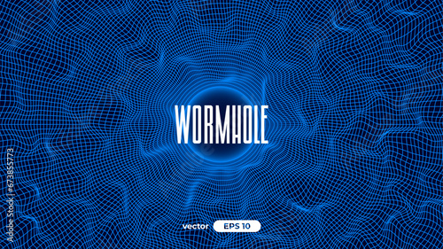 Hyperspace grid tunnel. Wormhole background. Vector illustration eps10. Space portal for time traveling. Speed effect. Black hole vortex. Neon colors. Blue and black. Warp jump.