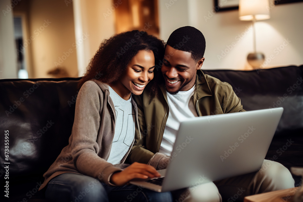Happy young couple sitting on couch at home and using a laptop together. Happy young couple sitting on couch at home and using a laptop together.