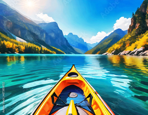 Abstract Outdoor Nature Selfie Canoeing Kayaking on Sunny Day on Lake Sea with Mountain View on digital art concept, Generative AI. © Watercolor_Concept