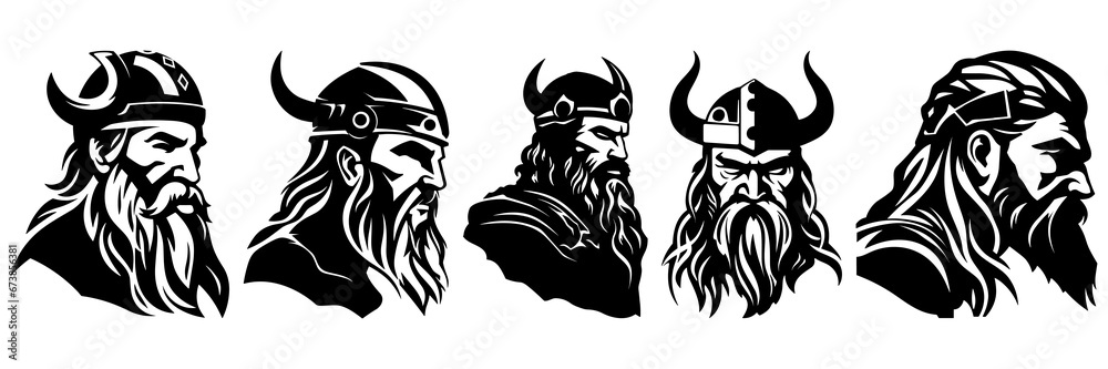 Obraz premium Viking nordic silhouettes set, large pack of vector silhouette design, isolated white background