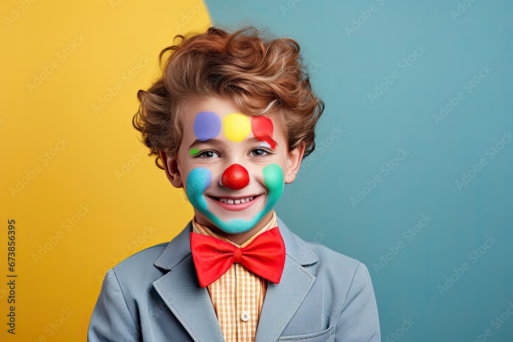 Cute, colorful child clown at a holiday party with creative makeup and playful, funny facial expression.