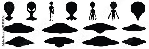 Alien silhouettes set, large pack of vector silhouette design, isolated white background