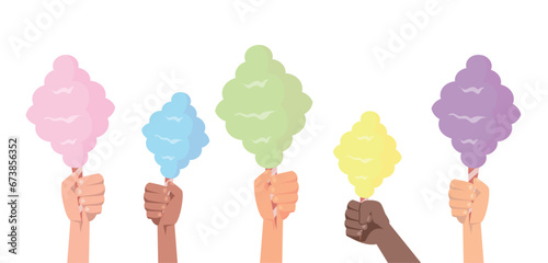 Hands holding cotton candy isolated on white background. People hold cotton candy .Vector stock	
