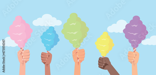 Hands holding cotton candy. People hold cotton candy. Vector stock	