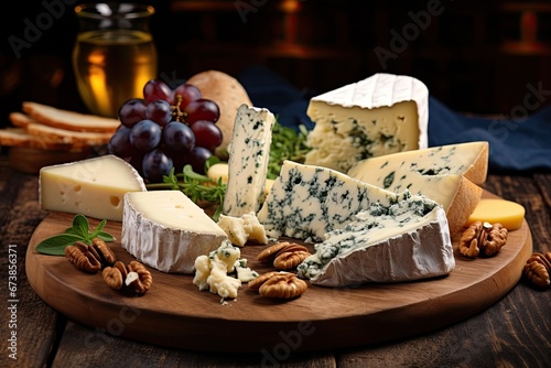 A wooden cheese board showcasing a delectable variety of French and Italian cheeses, accompanied by fresh grapes......