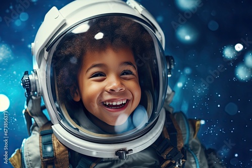 A boy dressed as an astronaut goes on a creative journey into the universe. photo