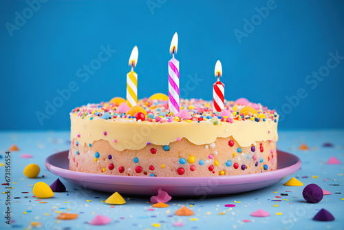 Birthday Bliss, Colorful Cake on Vibrant Blue Backdrop