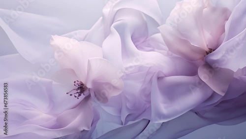 A delicate lilac blossom, seemingly made of diaphanous fabric, its petals dancing and billowing in an unseen breeze, creating a sense of softness and airiness.