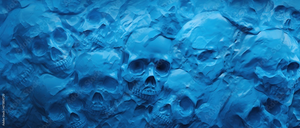 Frosted skeletal skulls embedded into translucent blue ice wall texture Frosted skeletal skulls embedded into translucent blue ice wall texture