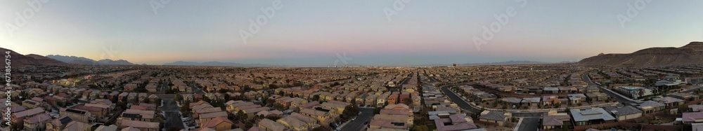 Panoramic shot of a serene residential neighborhood in the evening in Las Vegas