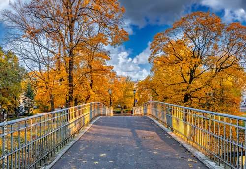 Pedestrian bridge in old public park, golden autumn season