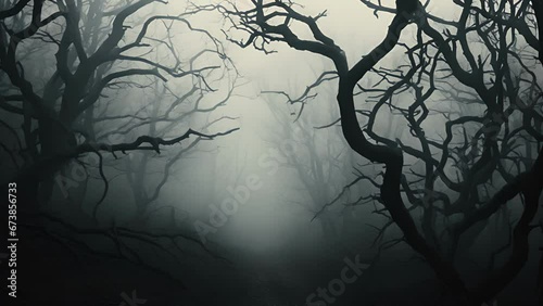 A thick fog, rolling in like a heavy blanket, swallowing everything in its path. The only visible shapes are the eerie silhouettes of towering trees, their branches reaching out like spindly