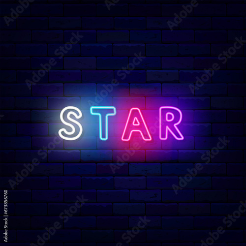 Star neon sign. Colorful handwritten text. Celebrity label. Show and party celebration. Vector stock illustration
