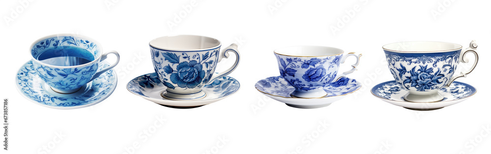 Portuguese or Spanish traditional tile pattern illustration teacup and saucer plate collection - premium pen tool PNG transparent background cutout.  - obrazy, fototapety, plakaty 