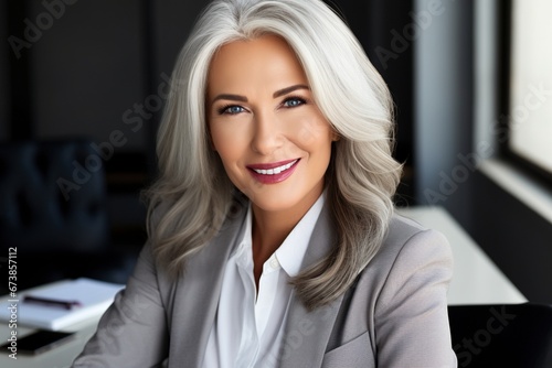 Ageless Success: In Her Professional Office, a Mature Lady's Smile Speaks of Contentment, Confidence, and the Fulfillment of a Rewarding Career