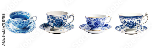 Portuguese or Spanish traditional tile pattern illustration teacup and saucer plate collection - premium pen tool PNG transparent background cutout. 