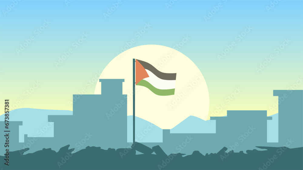 Palestine landscape vector illustration. Silhouette of destroyed buildings at morning with palestine flag. Landscape illustration of destroyed city for background or wallpaper - obrazy, fototapety, plakaty 