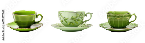 Green and Gold teacup and saucer plate collection -
 premium pen tool PNG transparent background cutout. 