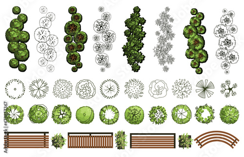 Top view elements for the landscape design plan. Trees and benches for architectural floor plans. Maze garden. Various trees, bushes, and shrubs. Vector illustration.