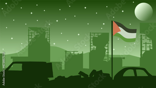 Palestine landscape vector illustration. Silhouette of destroyed buildings at night with palestine flag. Landscape illustration of destroyed city for background or wallpaper