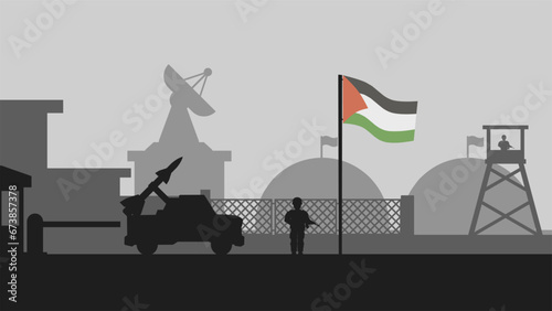Palestine military base landscape vector illustration. Silhouette of military base with missile truck and palestine flag. Military illustration for background, wallpaper, issue and conflict