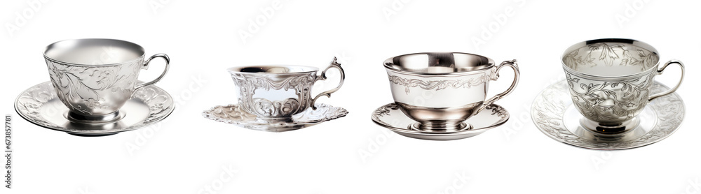 Silver or Chrome teacup and saucer plate collection -
 premium pen tool PNG transparent background cutout.  - obrazy, fototapety, plakaty 