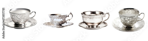 Silver or Chrome teacup and saucer plate collection -
 premium pen tool PNG transparent background cutout.  photo