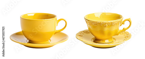 Yellow and gold colored teacup and saucer plate collection - premium pen tool PNG transparent background cutout. 
