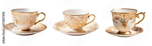 Gold and white teacup and saucer plate collection - premium pen tool PNG transparent background cutout.  photo