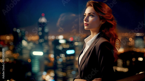 PORTRAIT OF A BUSINESSWOMAN IN THE OFFICE OF A HIGH-RISE BUILDING OVERLOOKING THE NIGHT CITY. legal AI