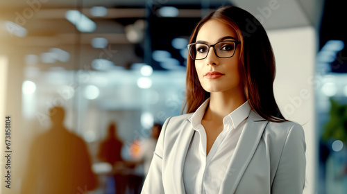 PORTRAIT OF A MANAGER, A YOUNG CONFIDENT BUSINESS WOMAN AGAINST THE BACKGROUND OF AN OFFICE. legal AI