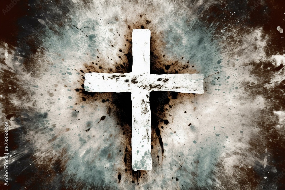 Symbolic cross representing Christianity with roughened brush strokes. Generative AI