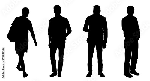 Silhouettes of three adult guys and one elderly man. Diverse people group silhouette. Flat vector illustration isolated on background.