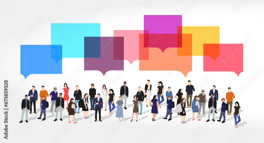 Large group of people with a square chat speech bubbles. Social networking and communication. Realistic people crowd. Flat vector illustration isolated on white background. Large group of people with a square chat speech bubbles. Social networking and communication. Realistic people crowd. Flat vector illustration isolated on white background.