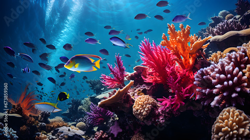 A colorful coral reef, with vibrant fish as the background context, during a thriving underwater ecosystem © CanvasPixelDreams