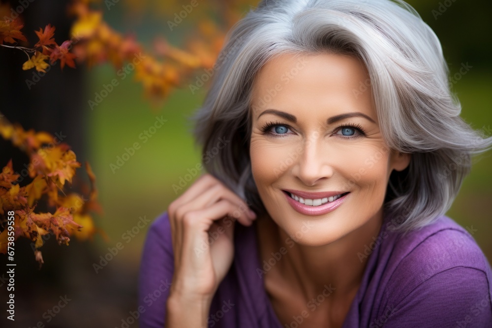 Basking in Nature's Embrace: A Smiling and Happy Mature Lady Finds Contentment and Joy on a Park Bench, Reflecting the Peace and Serenity of the Outdoors