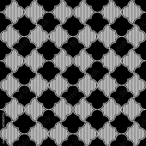 Seamless surface pattern design with quatrefoil figures. Oriental traditional ornament with repeated rounded shapes. Window tracery wallpaper. Grid motif. Digital paper. Vector art illustration.