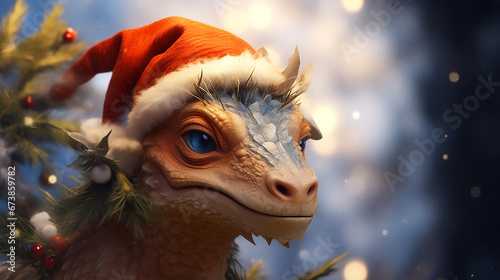 A cute dragon in a Santa Claus hat is sitting next to the Christmas tree