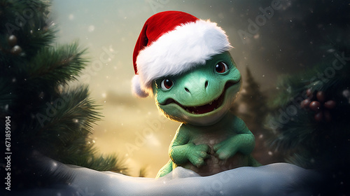 A green little dinosaur in a Santa Claus hat in a festive winter landscape