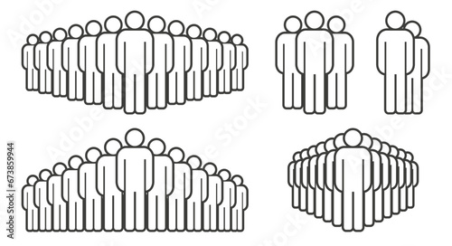 Large and small light outline groups of men. Stick figures people crowd icon set. Flat vector illustration isolated on white background. photo