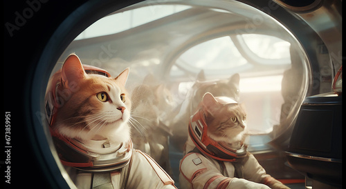 A team of cats astronauts in spacesuits are in a spaceship