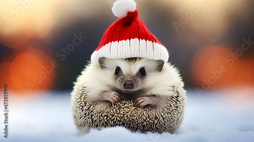A festive hedgehog is sitting in a ball in a winter red knitted hat in the snow