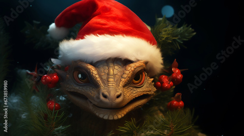The evil face of a dragon in a Santa Claus hat peeks out of a Christmas tree