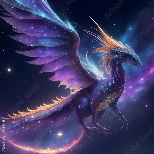 Fictional dragon with giant wings in space
