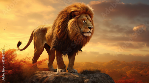 Lion in the savanna at sunset
