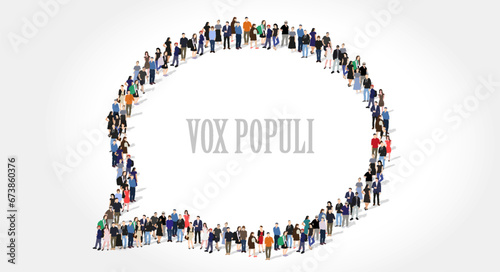 Public opinion poll concept. Chat bubble shape. Voice of the People in Latin. Men and women, black and white. Diverse people group silhouette. Flat vector illustration isolated on background.