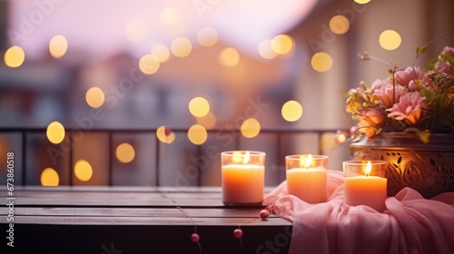 Balcony with burning candles and other decorations on a bright bokeh background