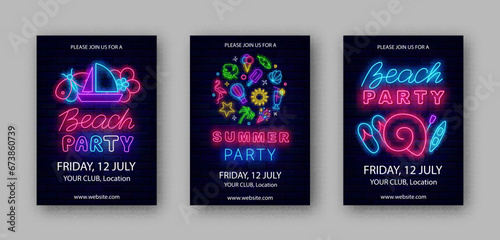 Beach party neon vertical posters collection. Beach event flyers set. Light advertisings template. Vector illustration