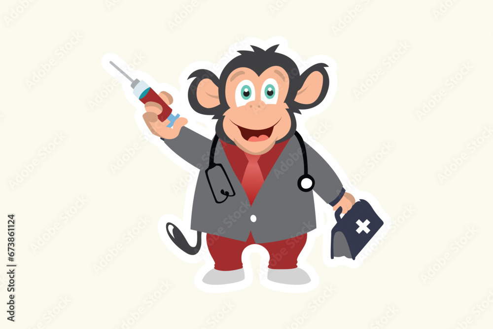 Monkey Doctor Mascot Sticker logo design. Health and care icon concept. Monkey doctor with injection sticker vector design. Monkey Doctor Mascot Sticker logo design. Health and care icon concept. Monkey doctor with injection sticker vector design.