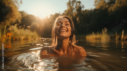 girl swimming in the sunset